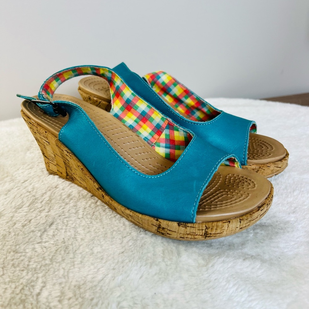 Crocs Teal Wedge Sandals with Cork Heel